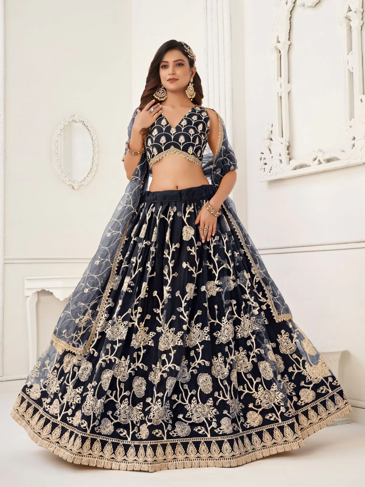 Odette Black Net Embroidered Semi Stitched Lehenga For Women