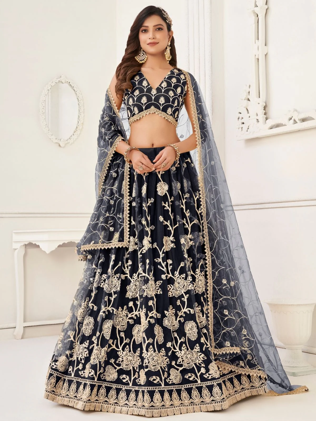 Odette Black Net Embroidered Semi Stitched Lehenga For Women - Image 2