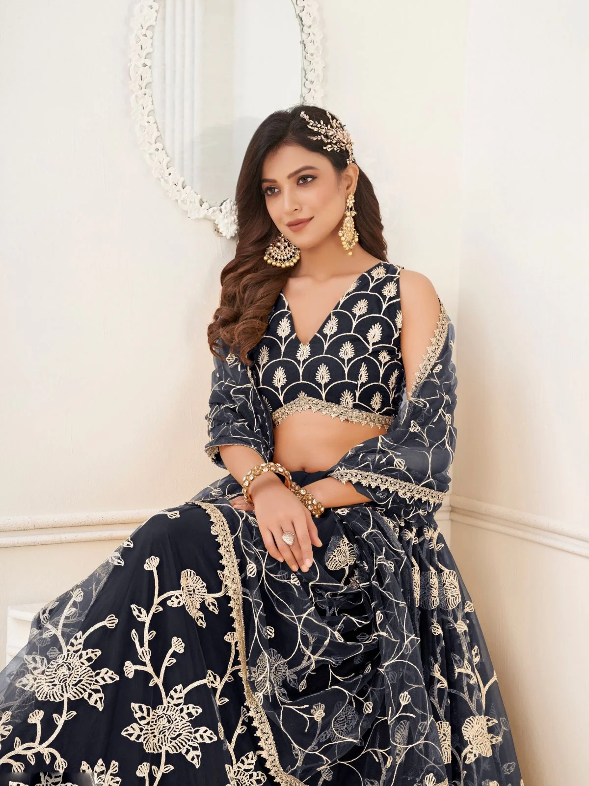 Odette Black Net Embroidered Semi Stitched Lehenga For Women - Image 4