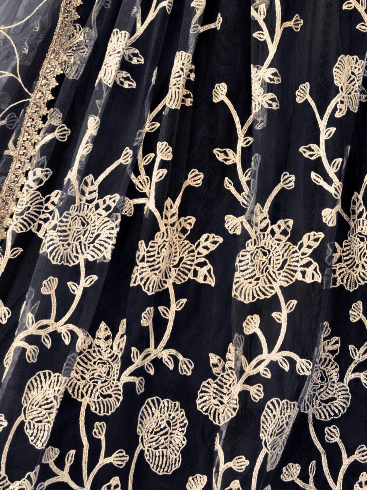 Odette Black Net Embroidered Semi Stitched Lehenga For Women - Image 5