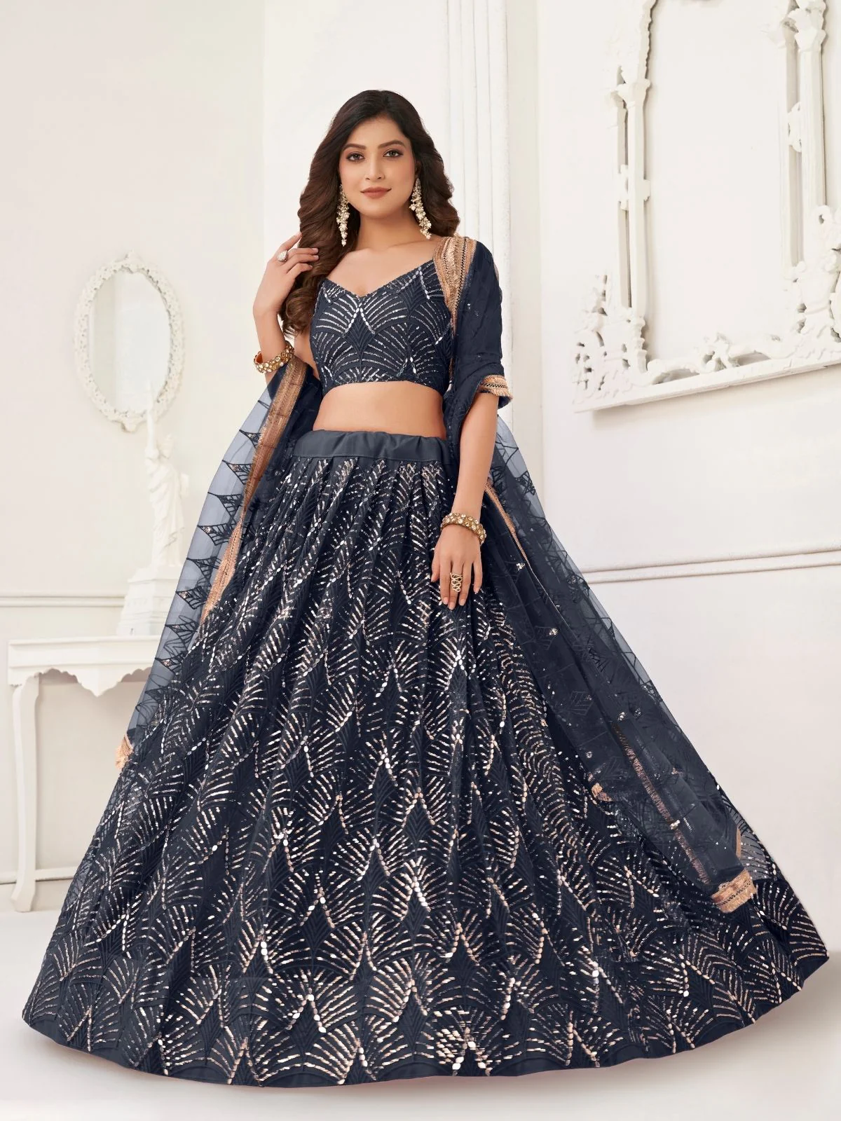Odette Black Net Embroidered Semi Stitched Lehenga For Women