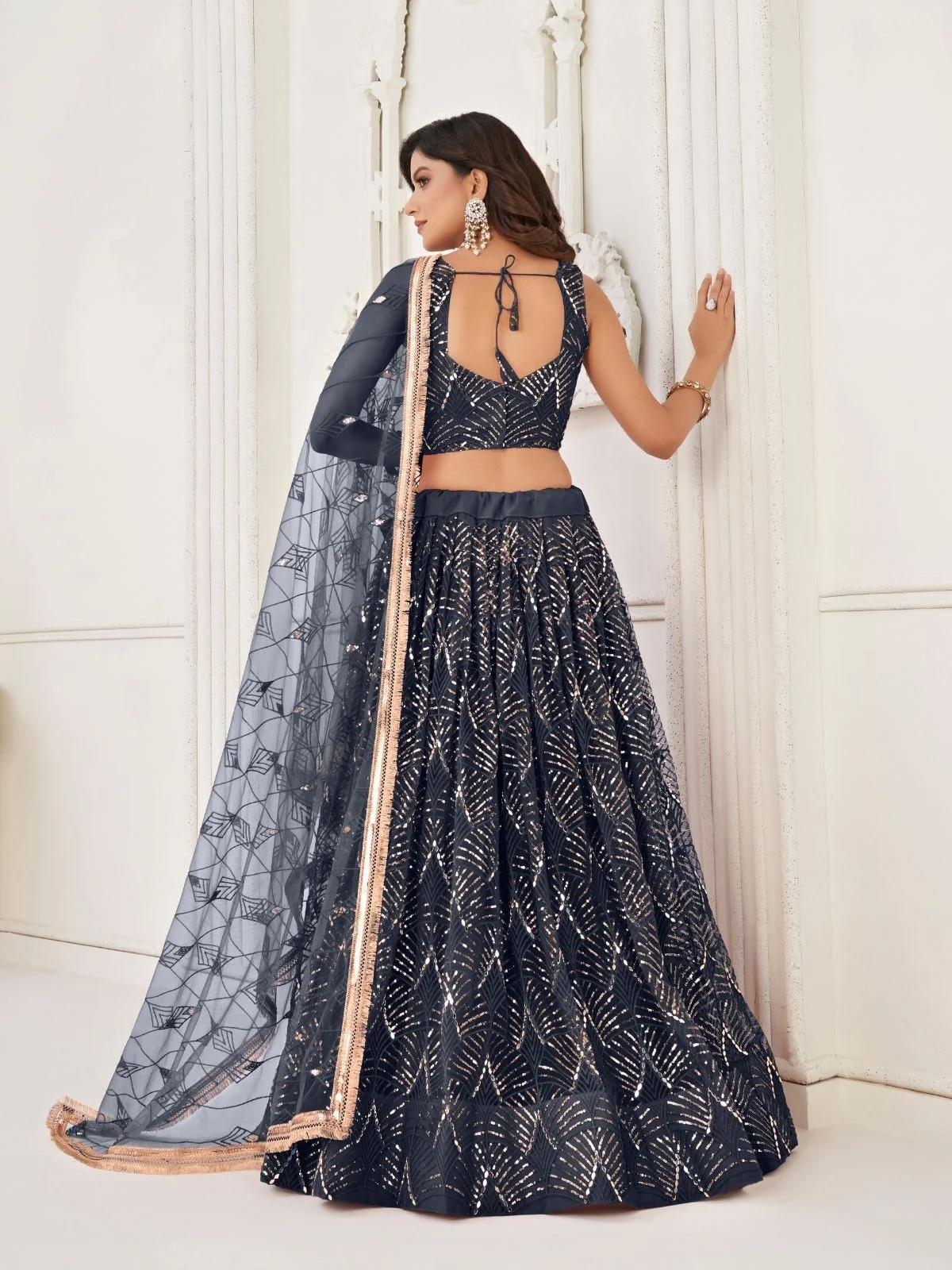 Odette Black Net Embroidered Semi Stitched Lehenga For Women - Image 3