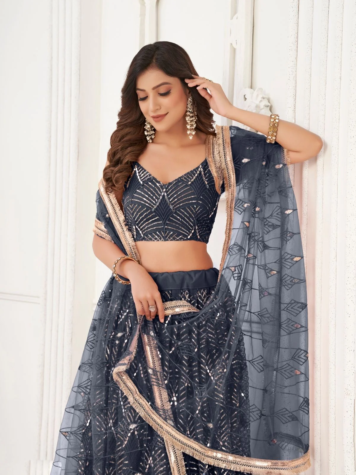 Odette Black Net Embroidered Semi Stitched Lehenga For Women - Image 4