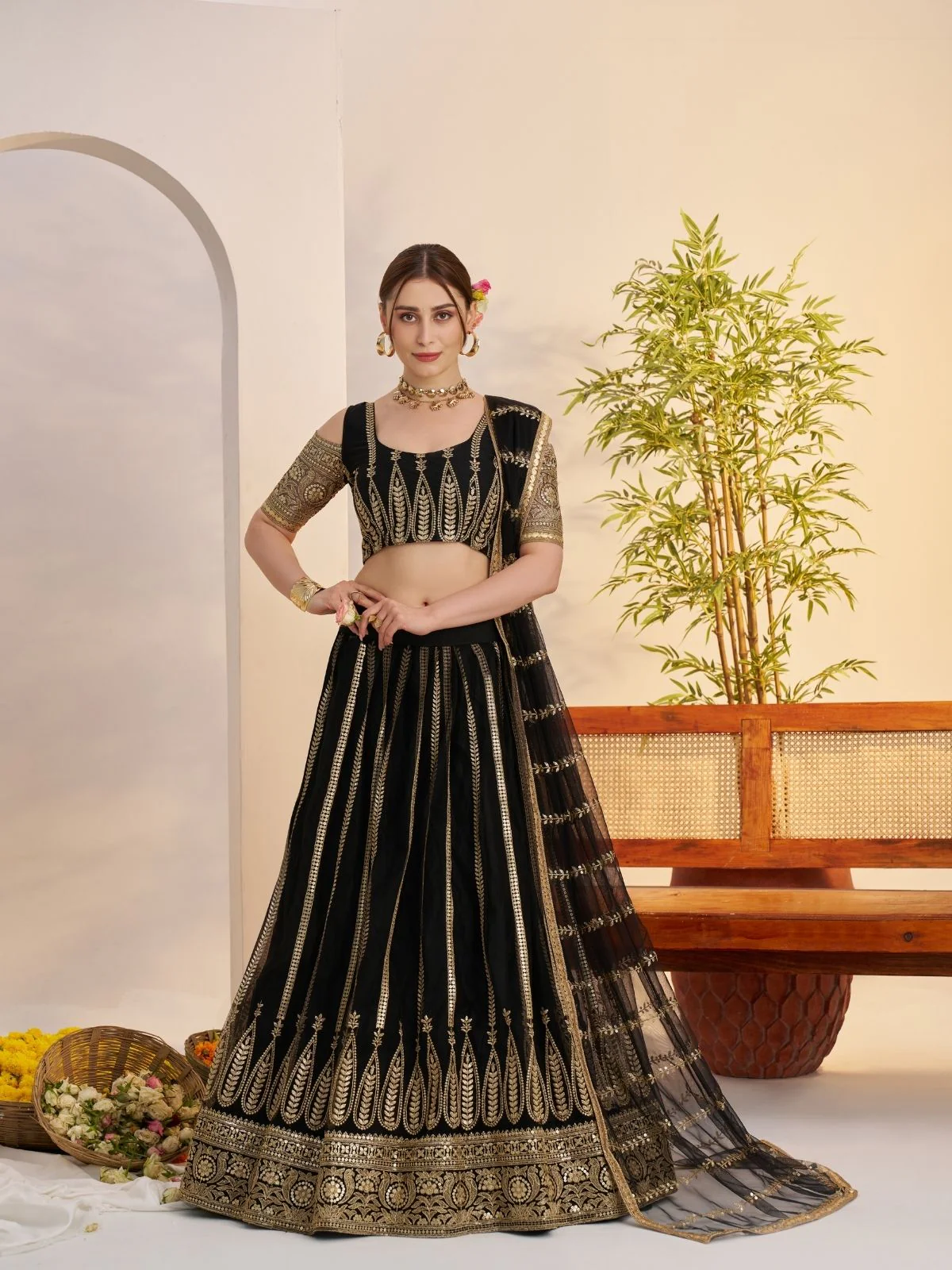 Odette Black Net Embroidered Semi Stitched Lehenga For Women