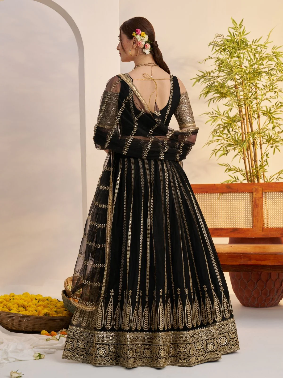 Odette Black Net Embroidered Semi Stitched Lehenga For Women - Image 3