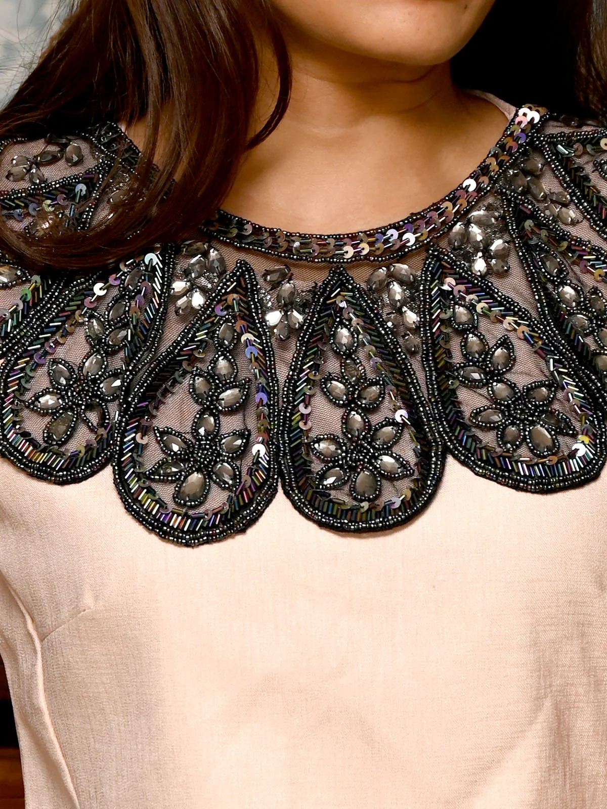 Odette Black Net Sequins and Beads Embroidered Short Cape for Women - Image 4