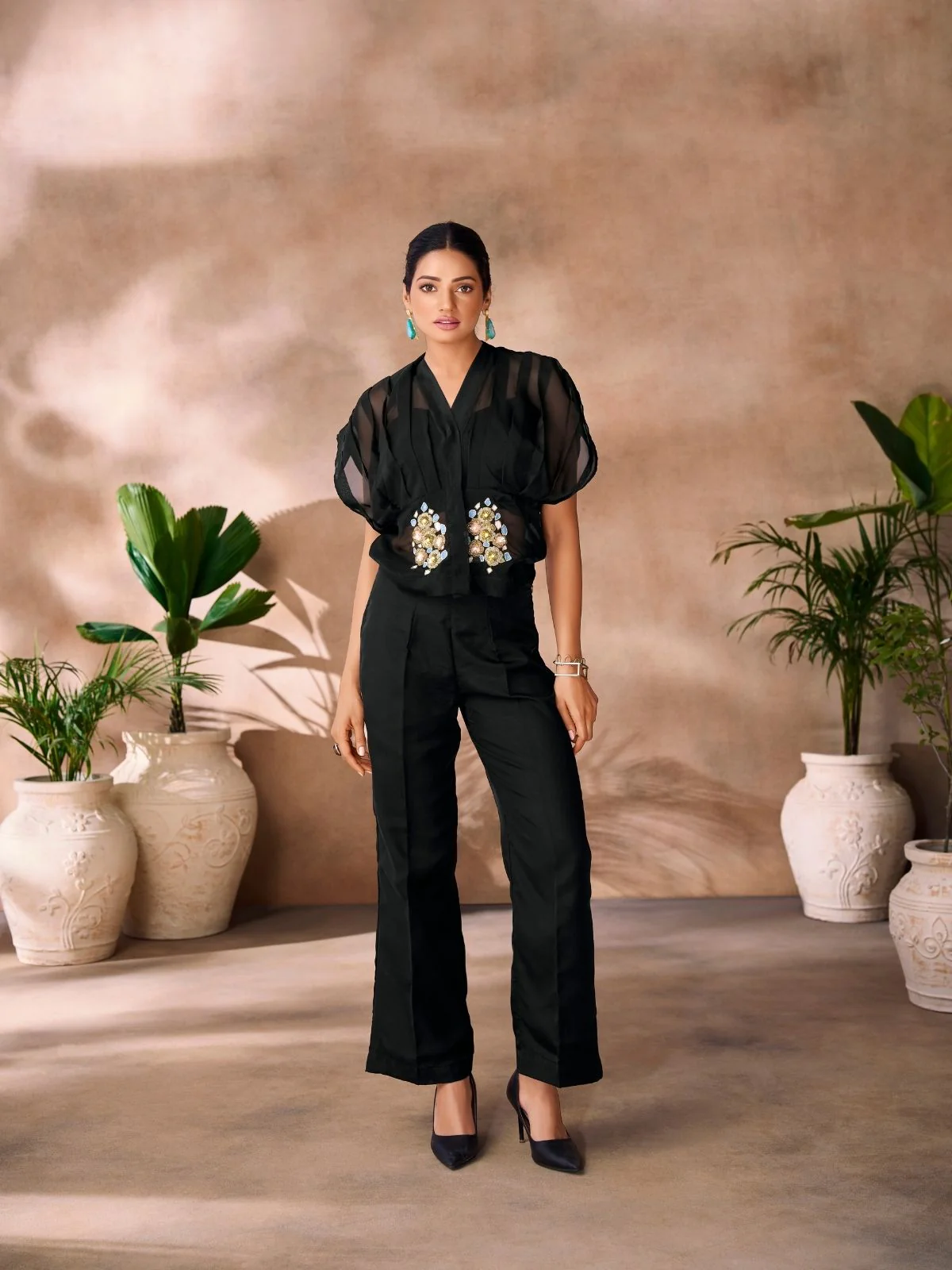 Odette Black Organza Embellished Co-Ord Set For Women