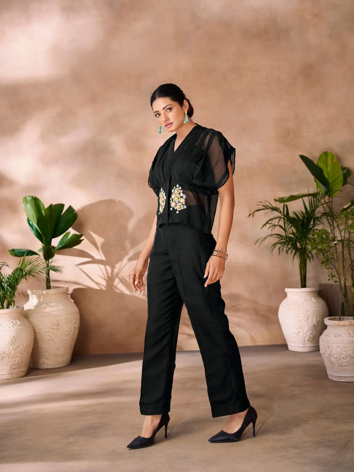 Odette Black Organza Embellished Co-Ord Set For Women - Image 2