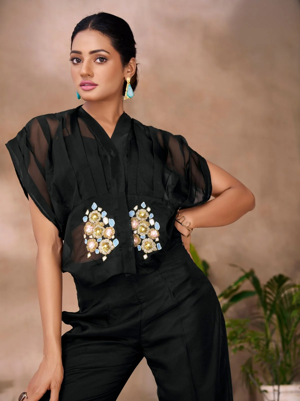 Odette Black Organza Embellished Co-Ord Set For Women - Image 6