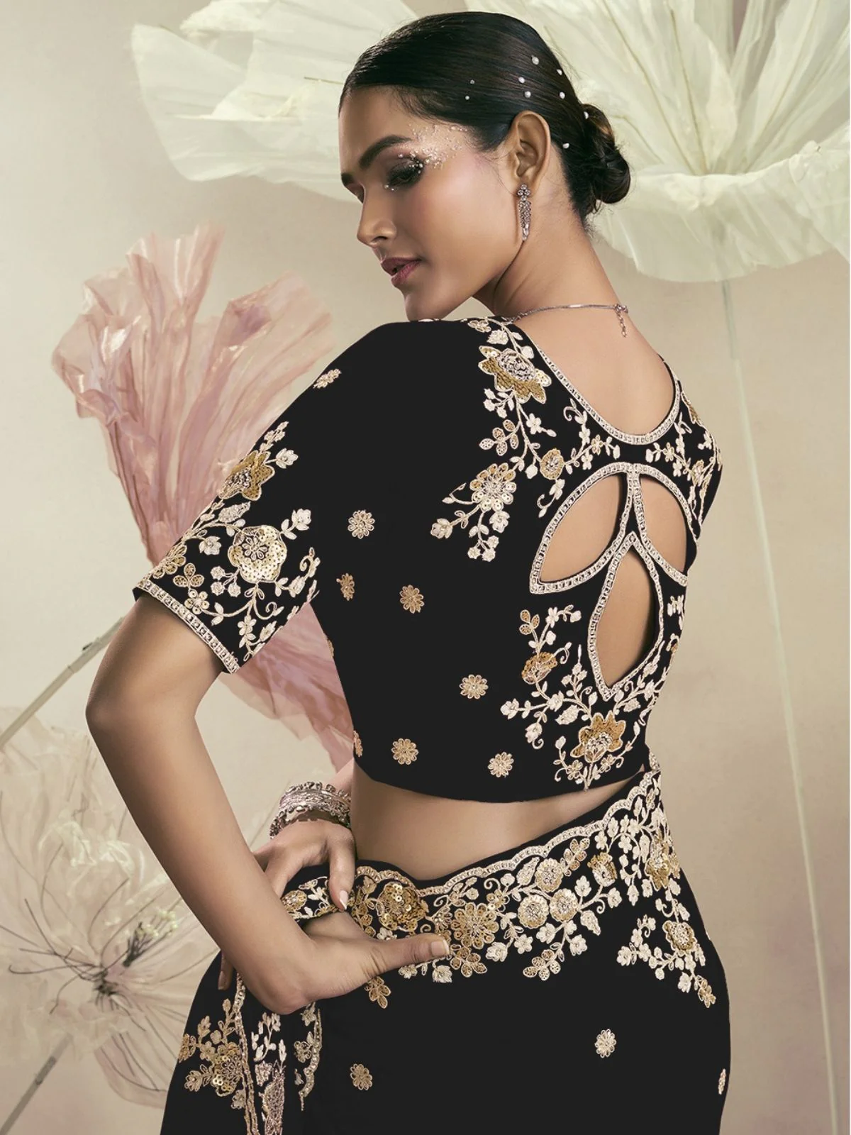 Odette Black Organza Embellished Elegant Saree For Women - Image 3