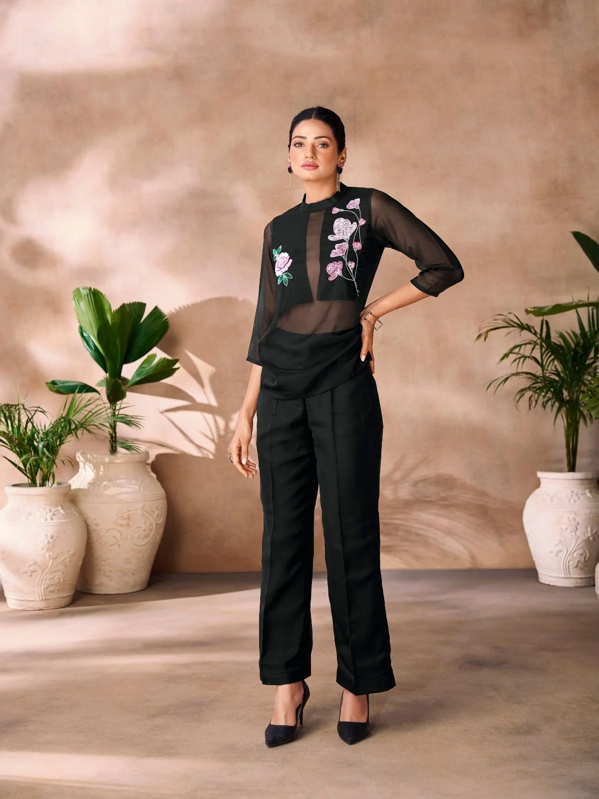 Odette Black Organza Embroidered Co-Ord Set For Women