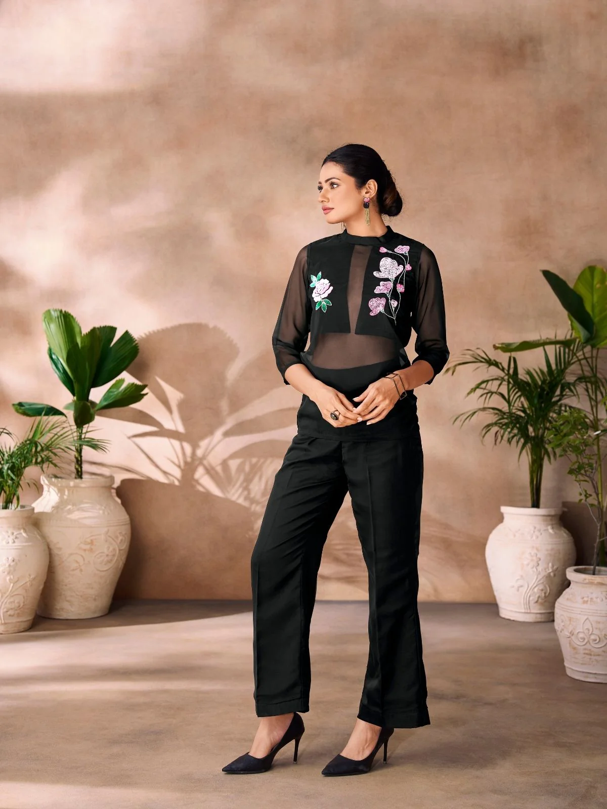 Odette Black Organza Embroidered Co-Ord Set For Women - Image 3