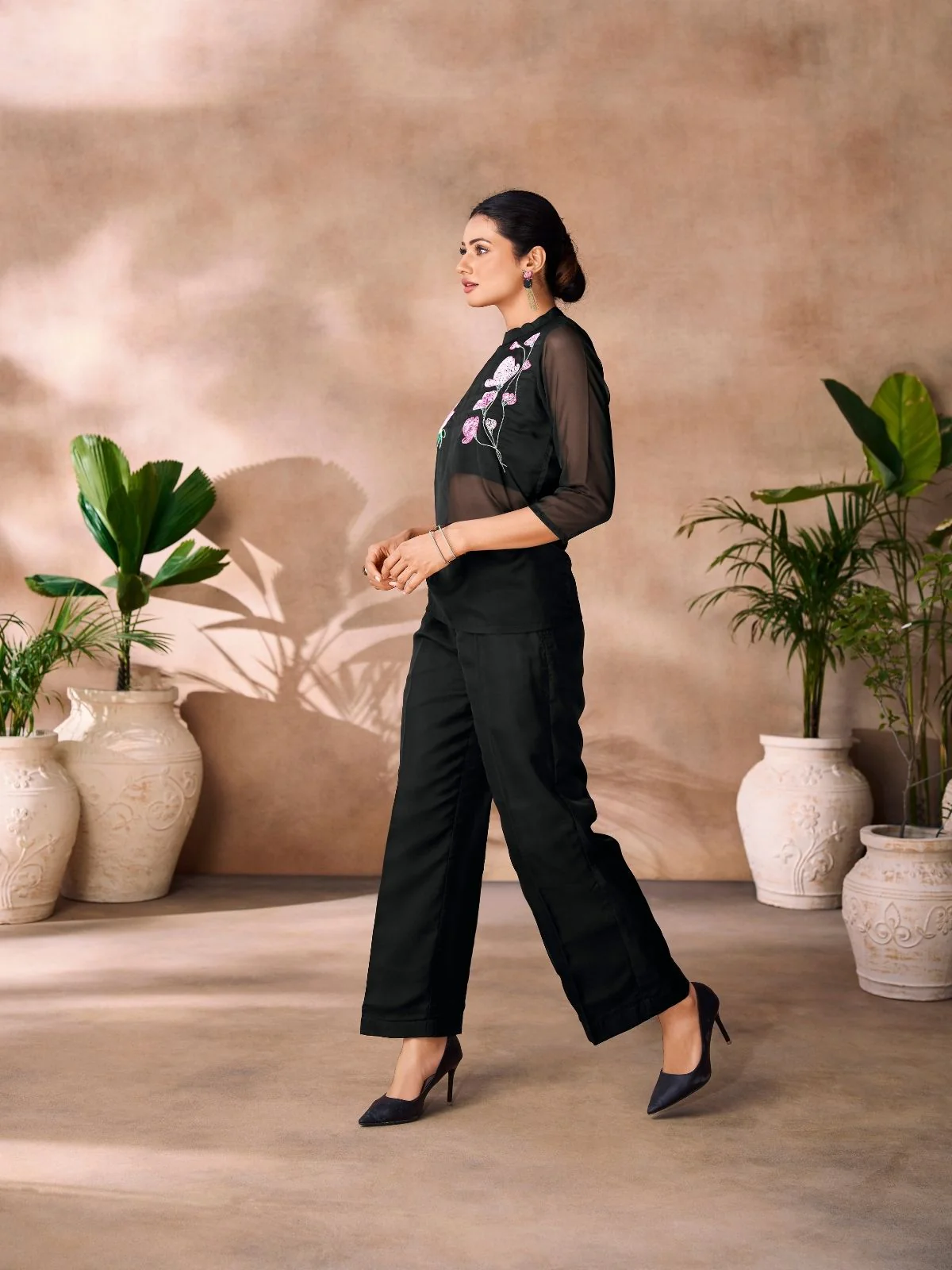 Odette Black Organza Embroidered Co-Ord Set For Women - Image 4