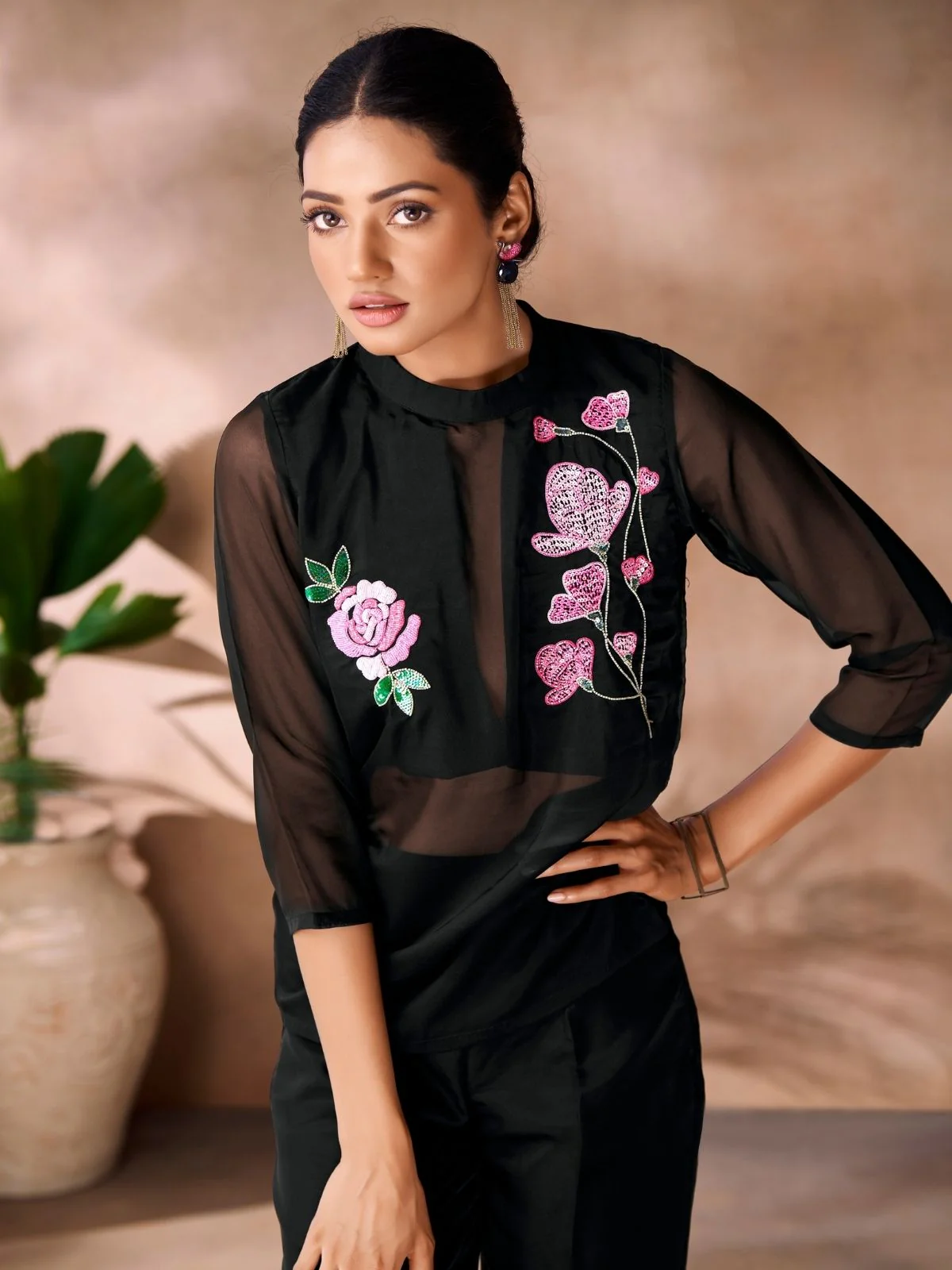 Odette Black Organza Embroidered Co-Ord Set For Women - Image 5