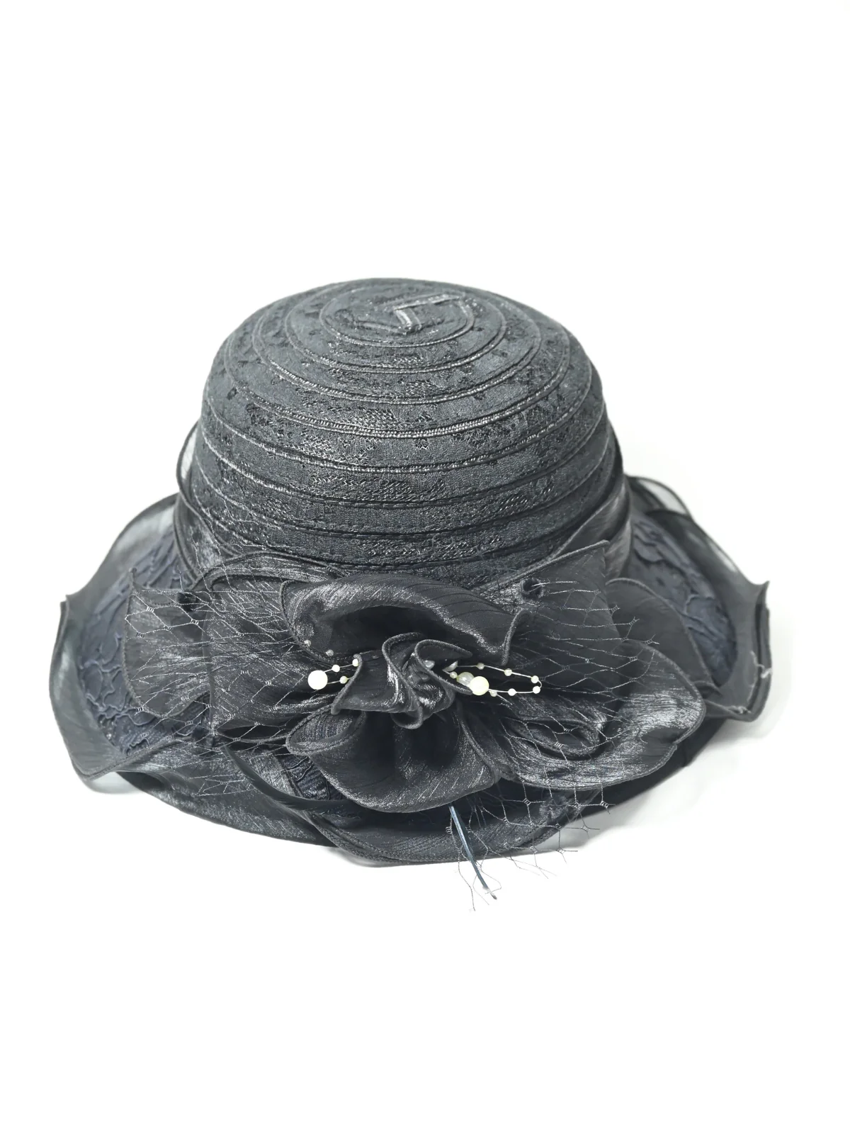 Odette Black Organza Embroidered Hat For Women - Image 4