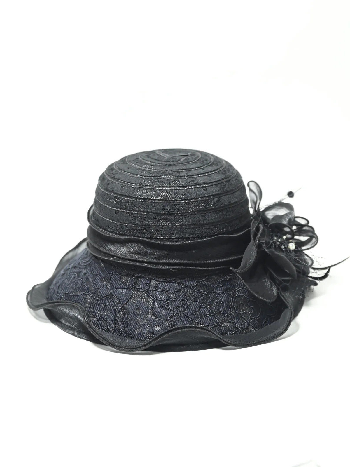 Odette Black Organza Embroidered Hat For Women - Image 8