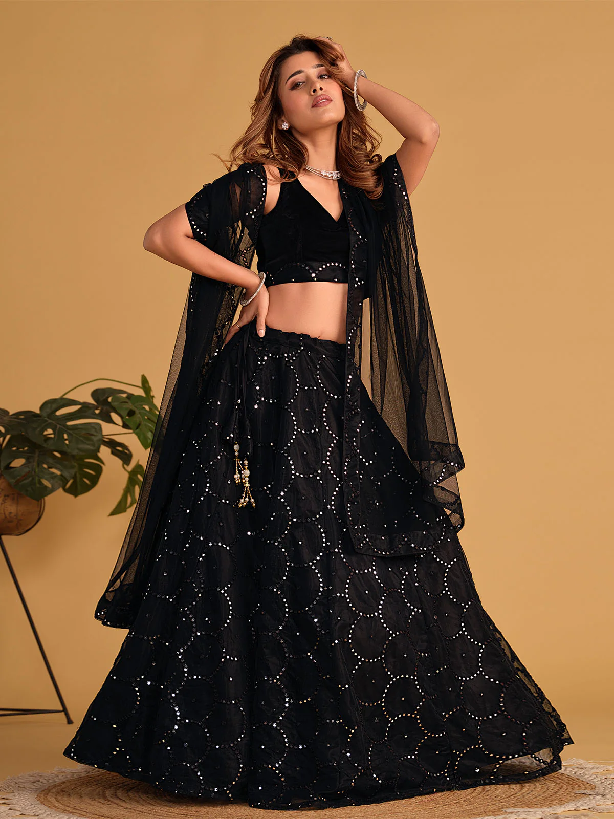 Odette Black Organza Net Embellished Semi Stitched Lehenga With Unstitched Blouse For Women - Image 2