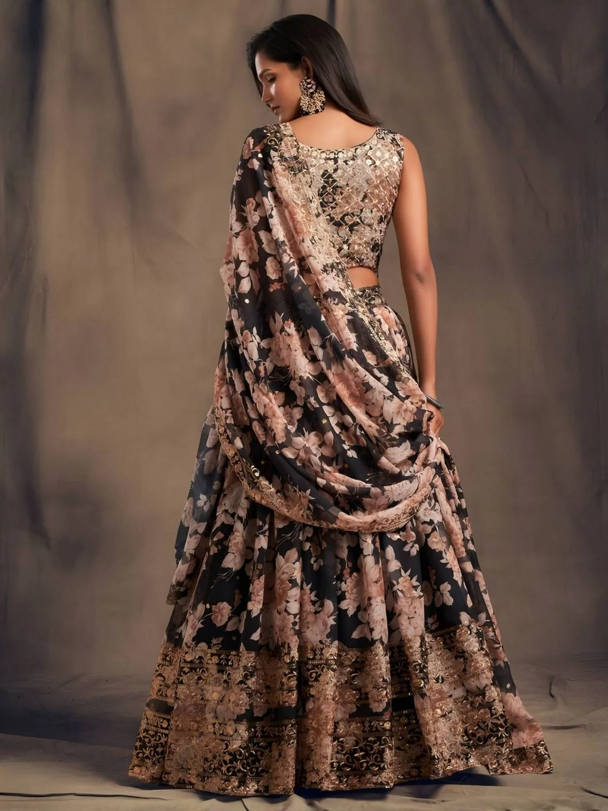 Odette Black Organza Printed And Embriodered Semi-Stitched Lehenga For Women - Image 3