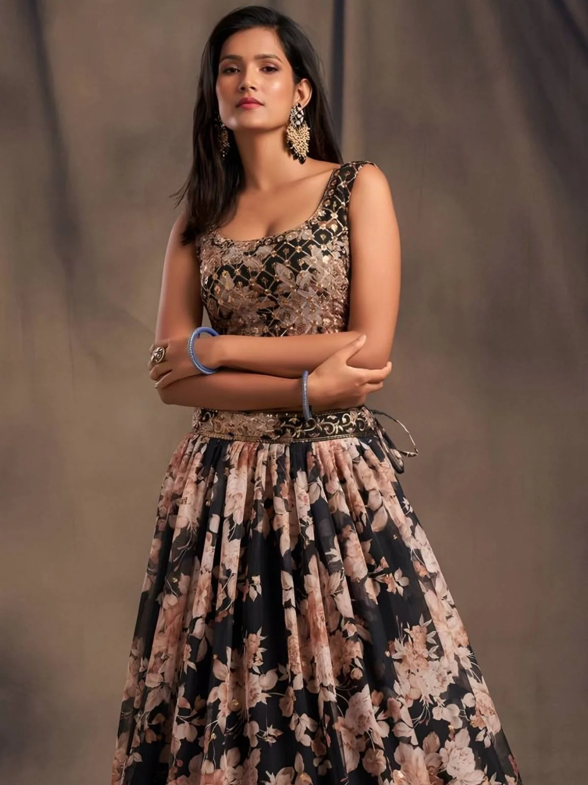 Odette Black Organza Printed And Embriodered Semi-Stitched Lehenga For Women - Image 4