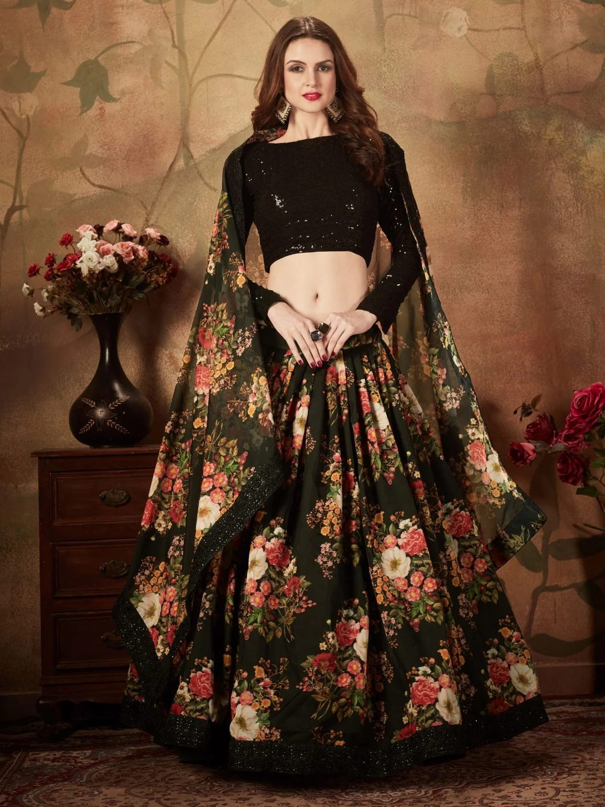 Odette Black Organza Printed Semi Stitched Lehenga With Unstitched Blouse For Women - Image 2