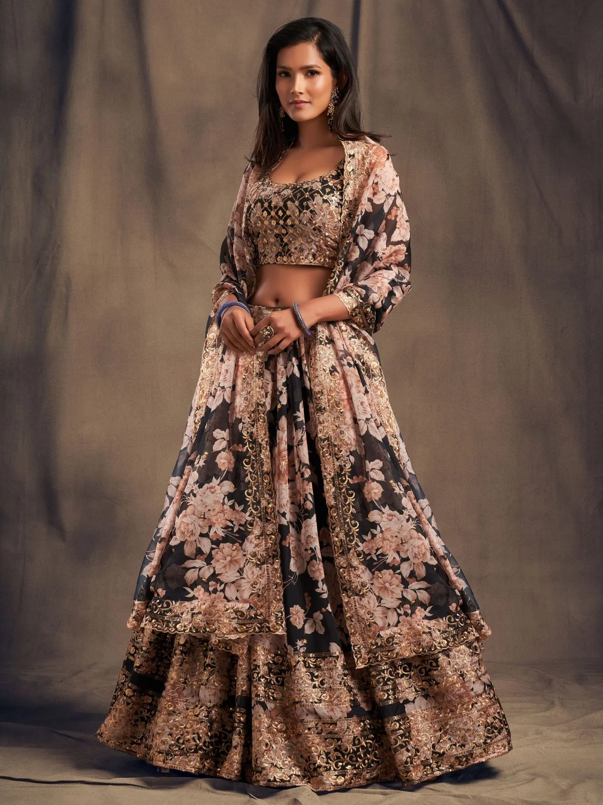 Odette Black Organza Printed Semi Stitched Lehenga With Unstitched Blouse For Women - Image 2