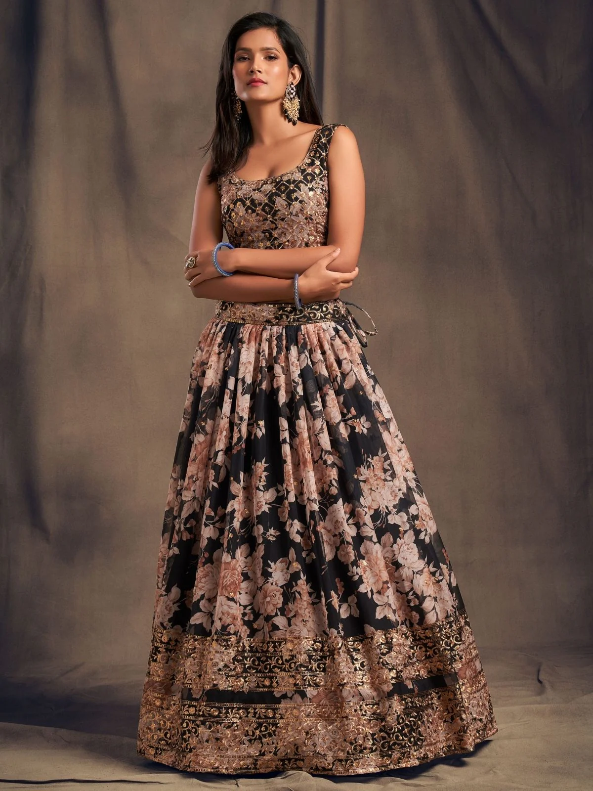Odette Black Organza Printed Semi Stitched Lehenga With Unstitched Blouse For Women - Image 3