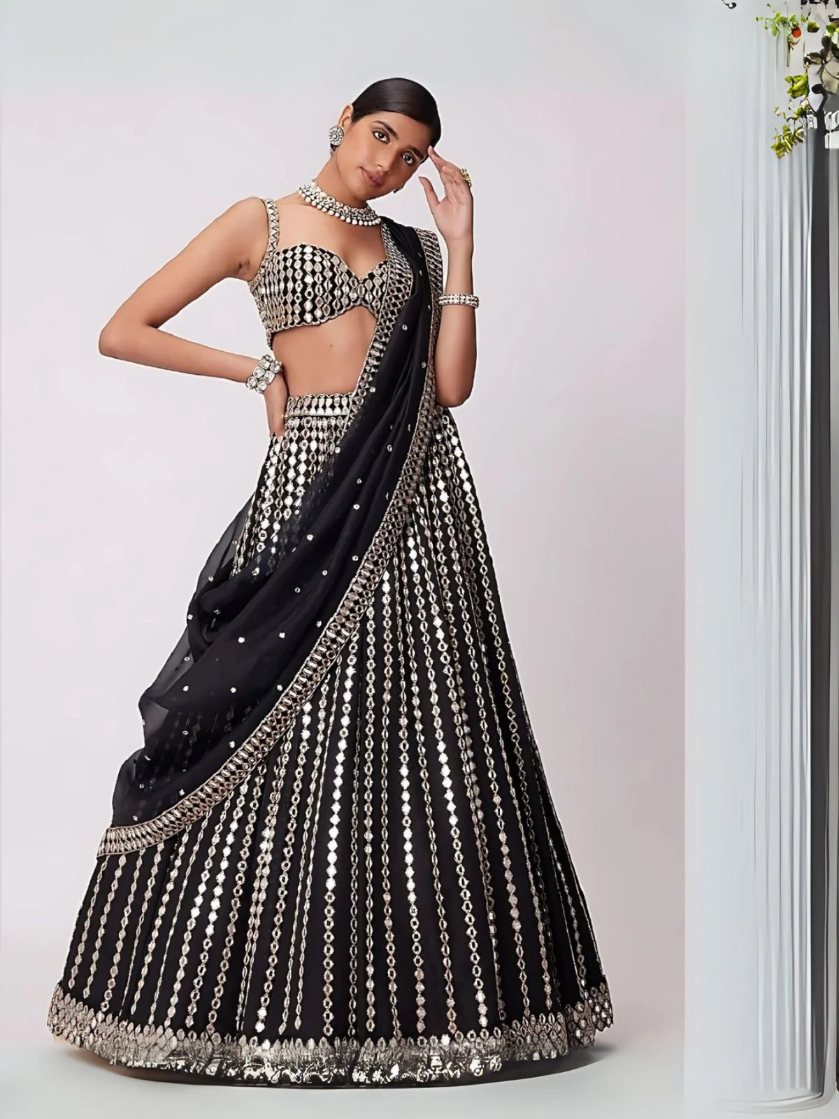 Odette Black Organza Silk Embellished Semi-Stitched lehenga For Women - Image 2