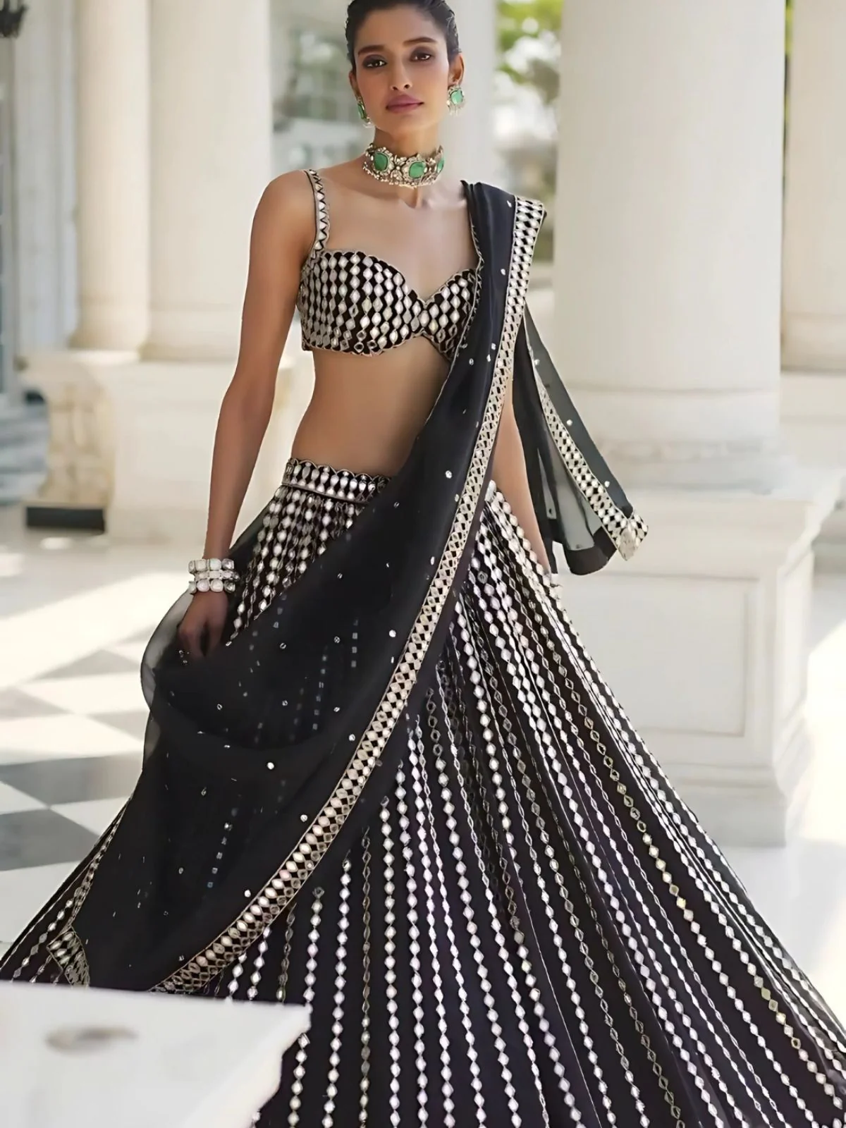 Odette Black Organza Silk Embellished Semi-Stitched lehenga For Women - Image 3