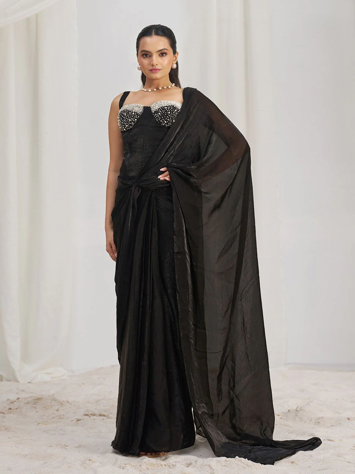 Odette Black Organza Solid Ready To Wear Saree With Stitched Blouse For Women