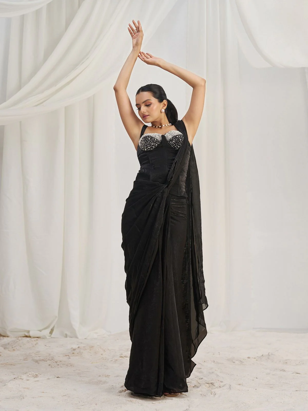 Odette Black Organza Solid Ready To Wear Saree With Stitched Blouse For Women - Image 2