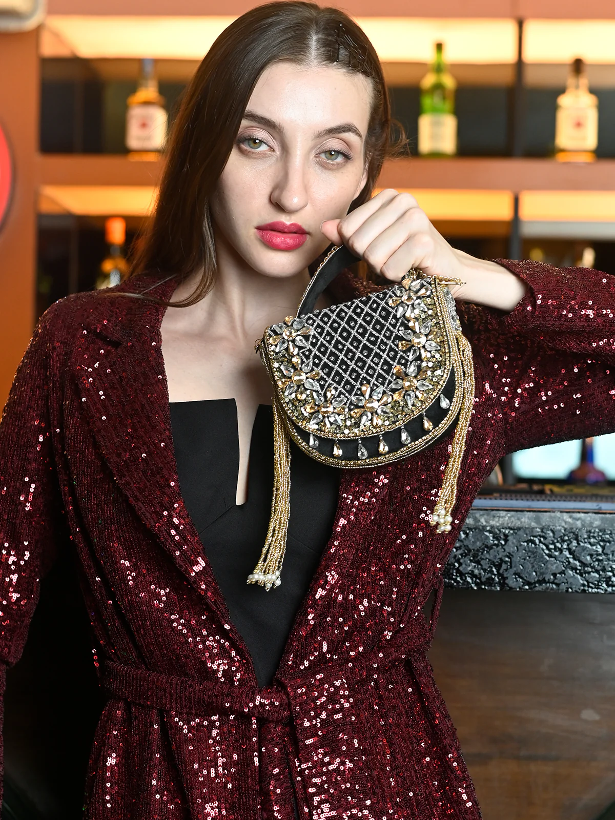 Odette Black Ornate Bridal Clutch For Women - Image 2