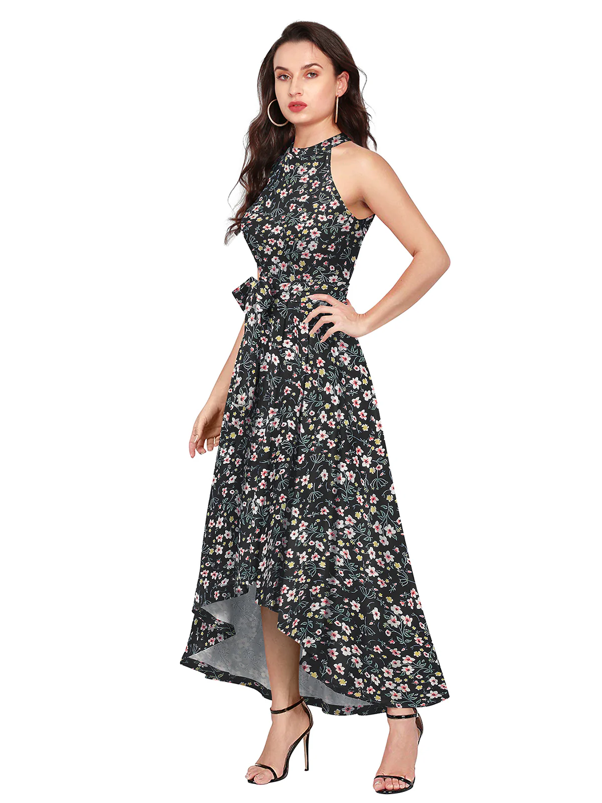 Odette Black Polyester Asymmetric A-line Printed Dress For Women - Image 2