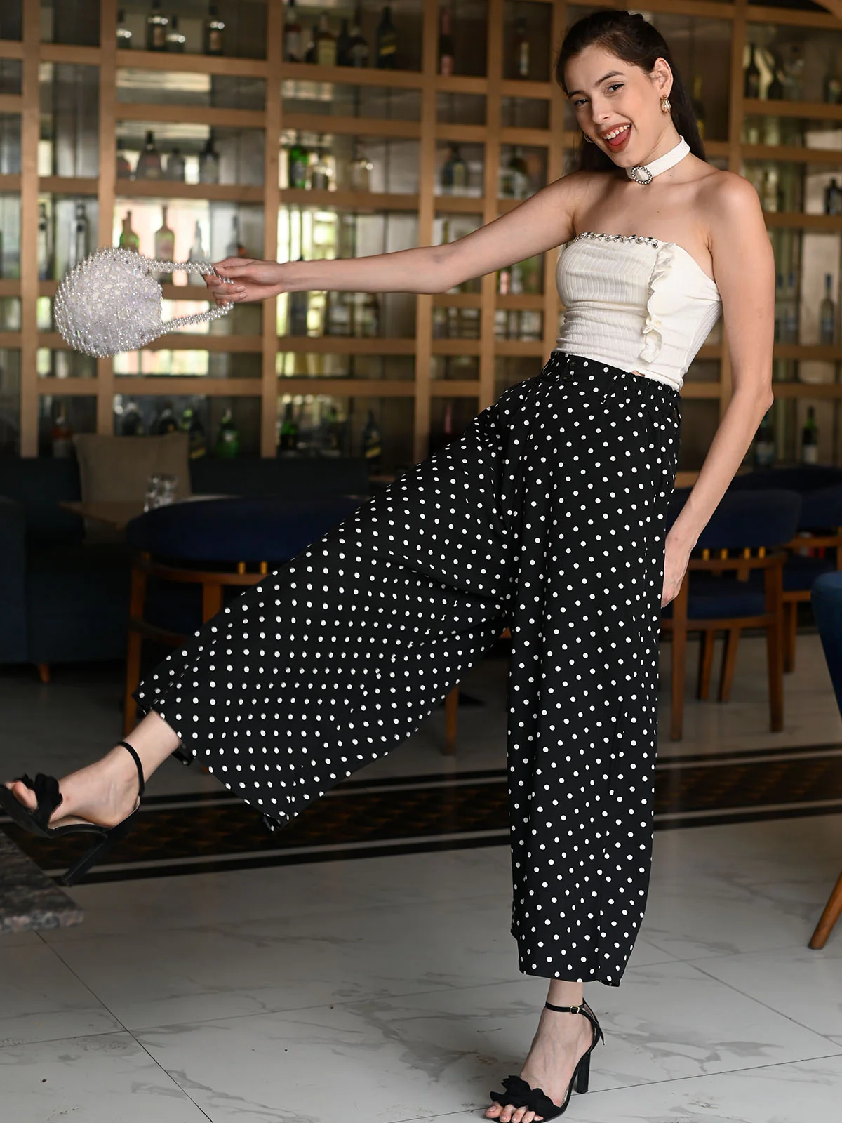 Odette Black Polyester Polka Dots Printed Trouser For Women