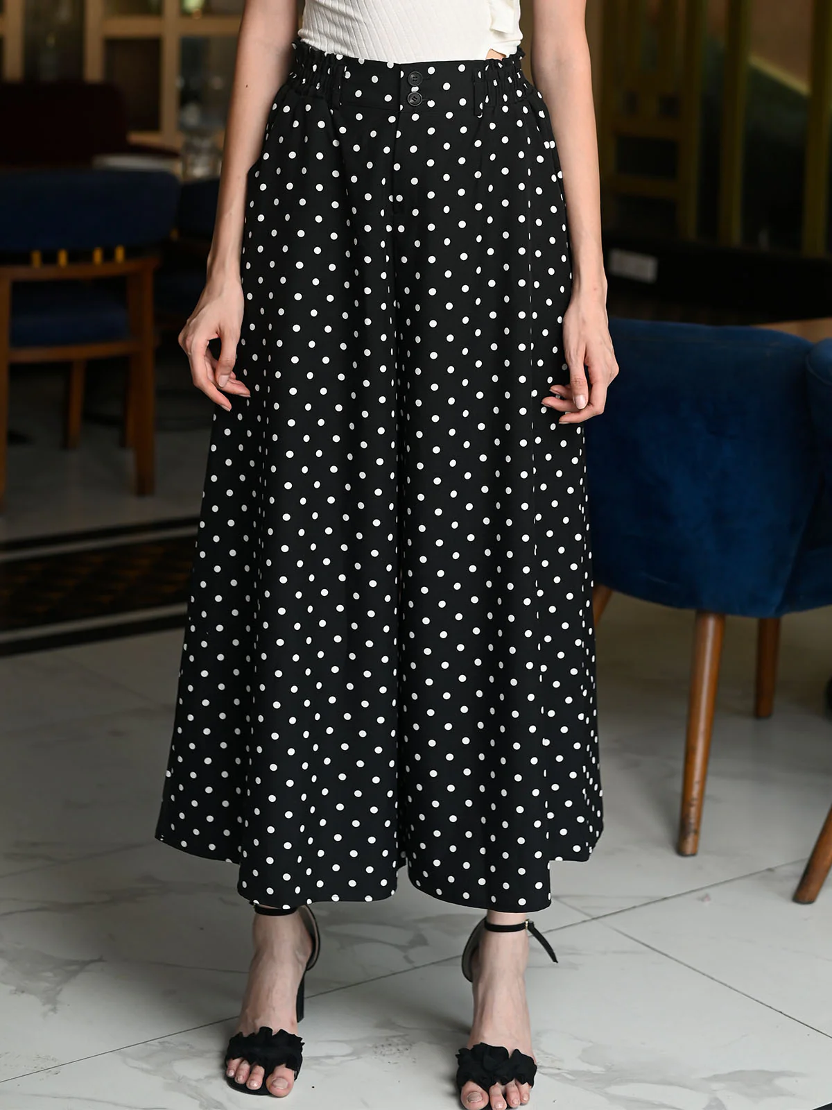 Odette Black Polyester Polka Dots Printed Trouser For Women - Image 2