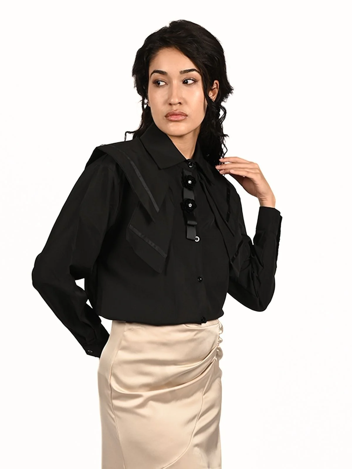 Odette Black Polyester Solid Shirt For Women - Image 3