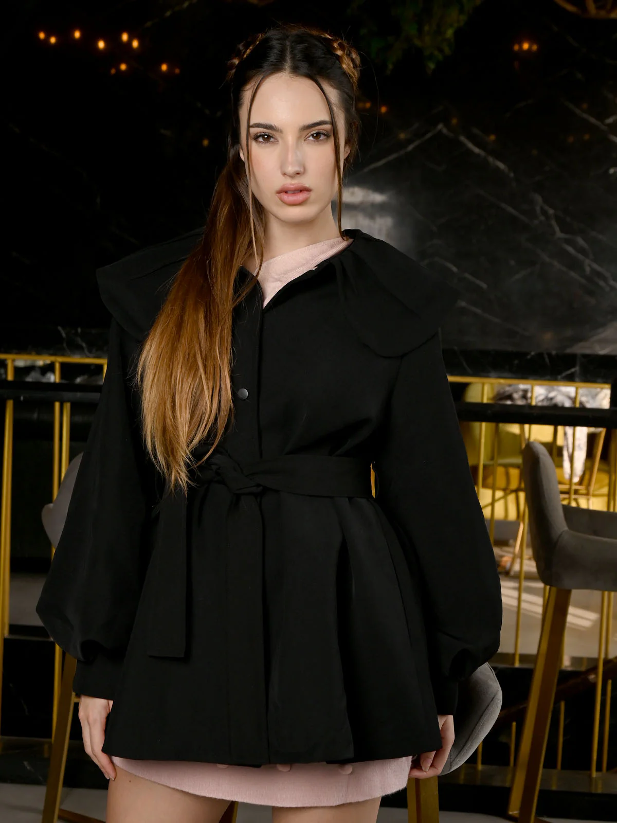 Odette Black Polyester Spread Collar Dress For Women - Image 3