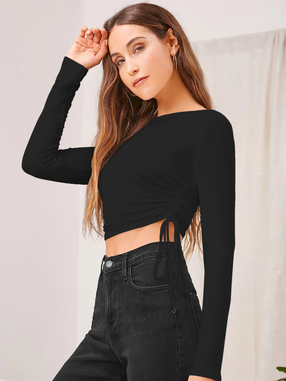 Odette Black Polyster Solid Top For Women
