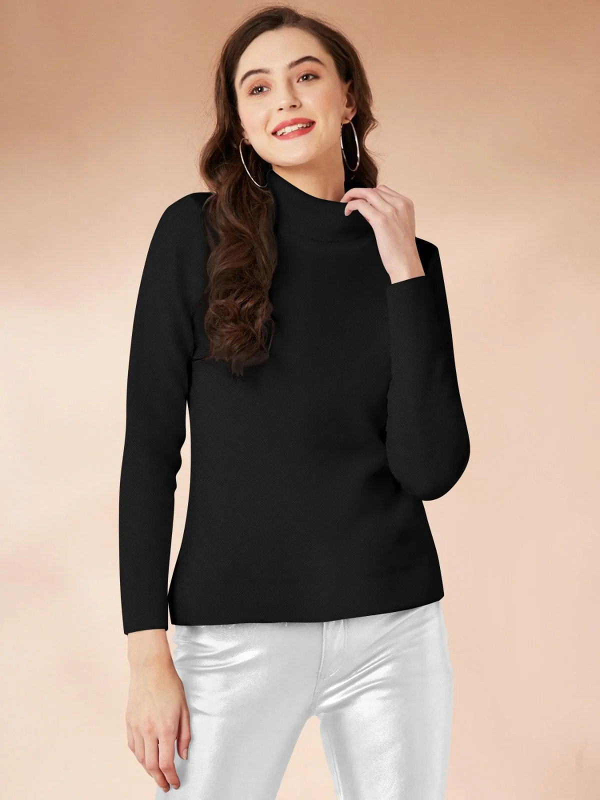Odette Black Polyster Solid Top For Women