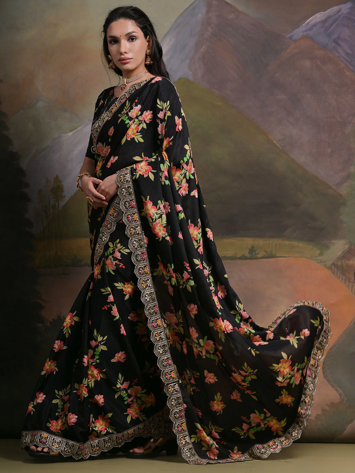 Odette Black Printed Chiffon Saree With Unstitched Blouse For Women - Image 2