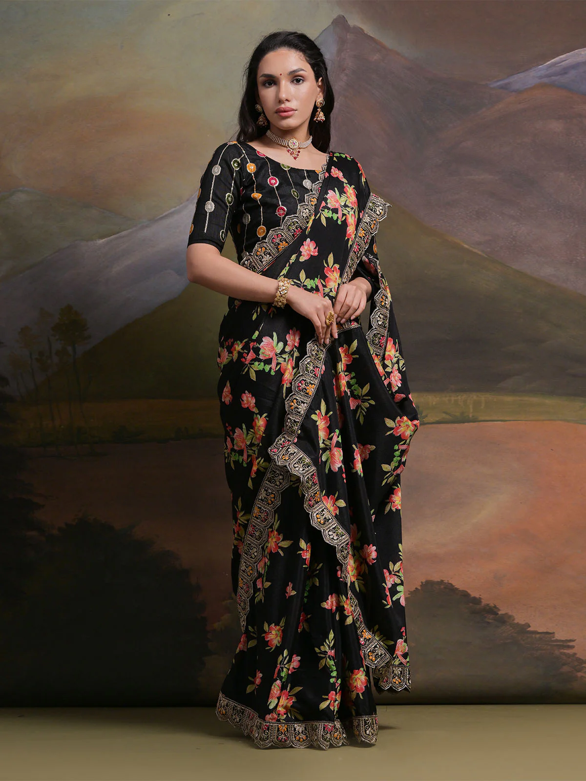 Odette Black Printed Chiffon Saree With Unstitched Blouse For Women - Image 3