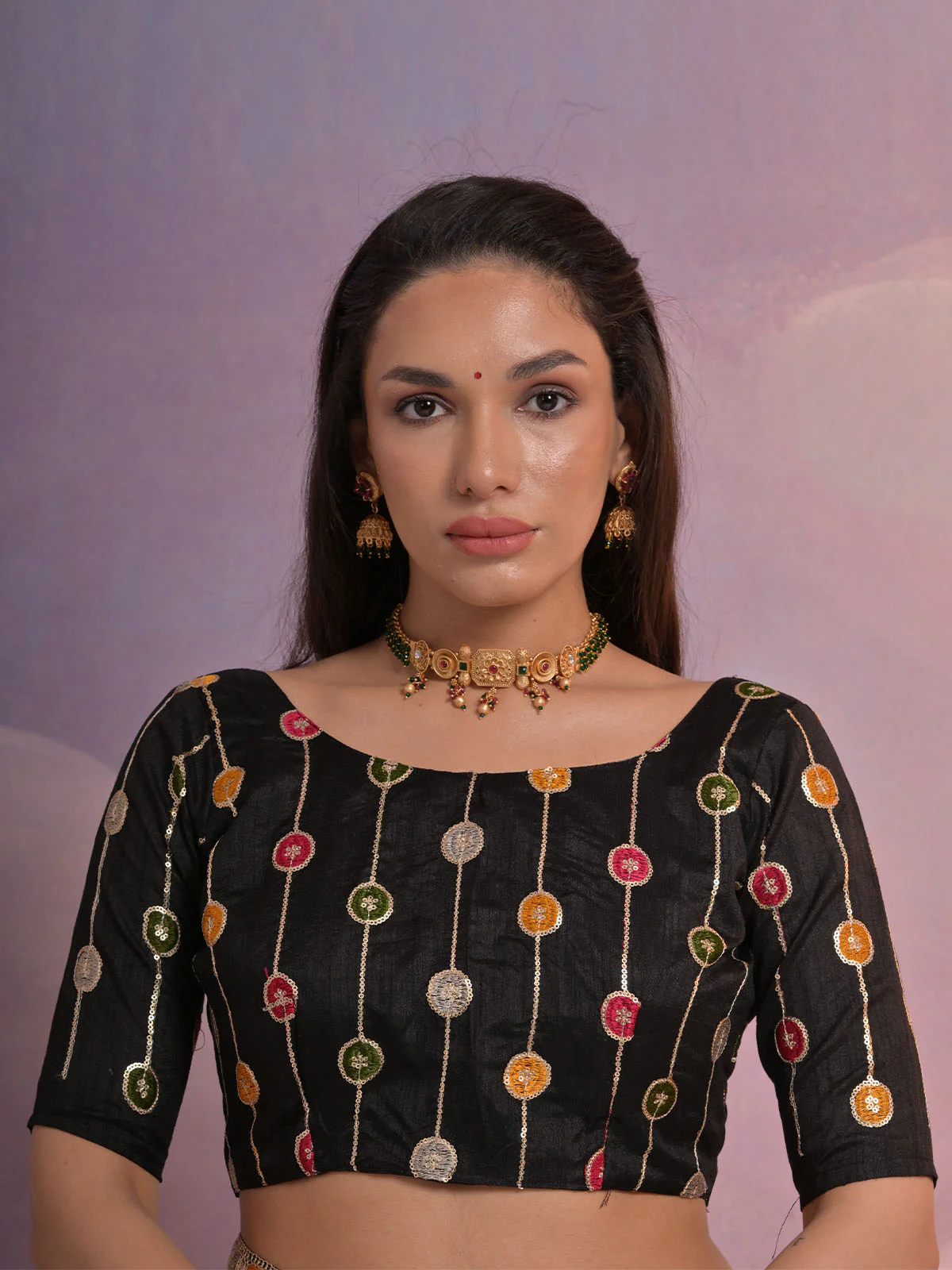 Odette Black Printed Chiffon Saree With Unstitched Blouse For Women - Image 6