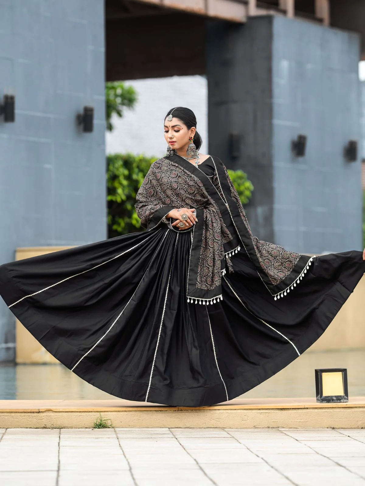 Odette Black Printed Cotton Stitched Lehenga With Stitched Blouse For Women - Image 2