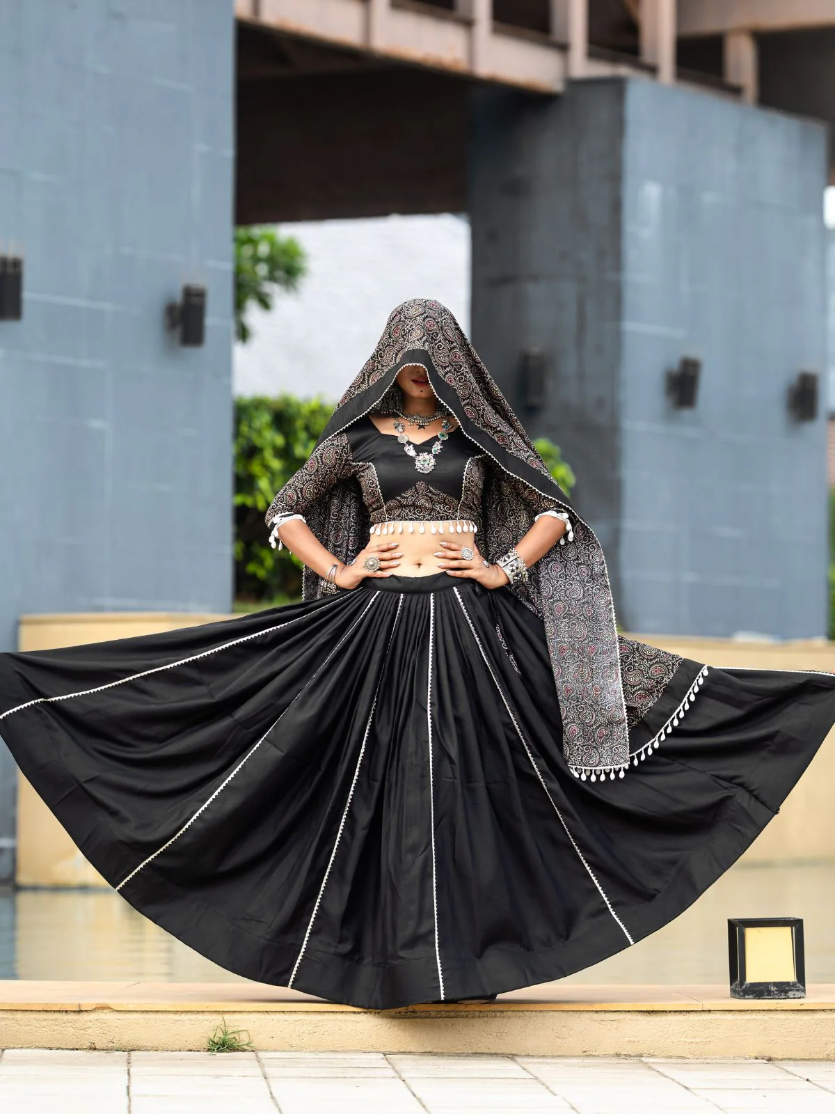 Odette Black Printed Cotton Stitched Lehenga With Stitched Blouse For Women - Image 3