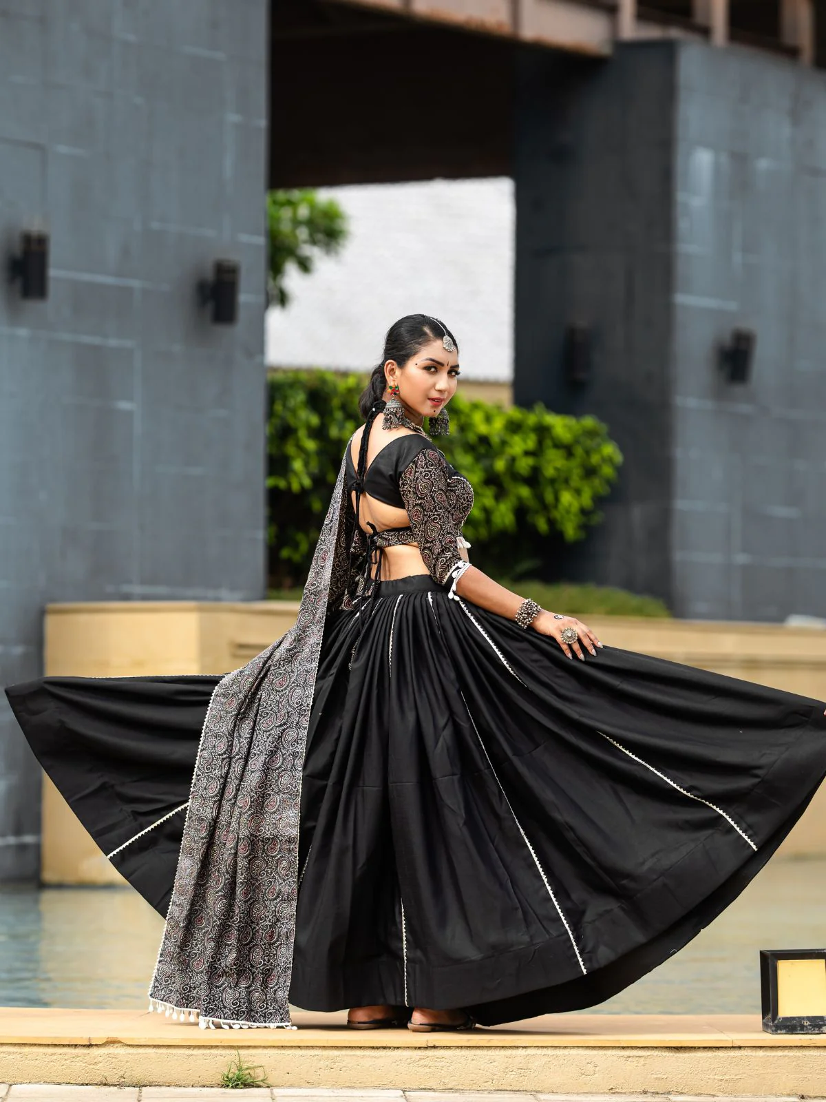 Odette Black Printed Cotton Stitched Lehenga With Stitched Blouse For Women - Image 4