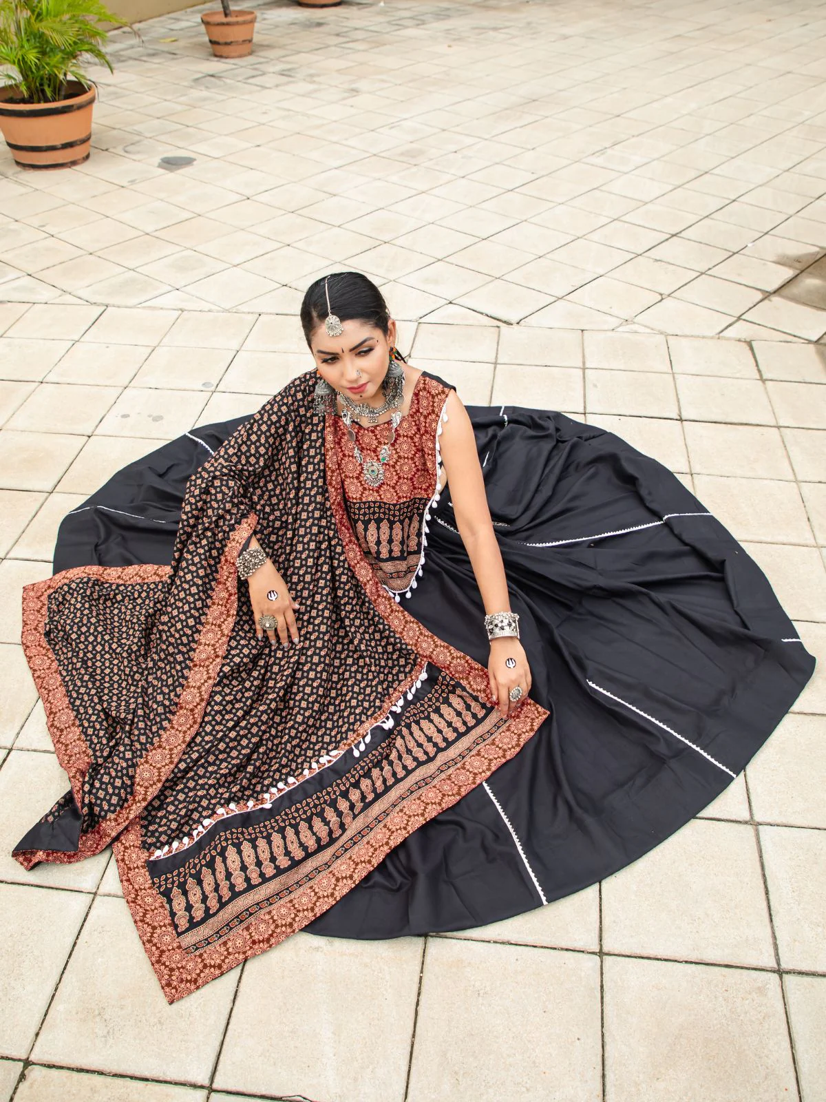 Odette Black Printed Cotton Stitched Lehenga With Blouse For Women - Image 2