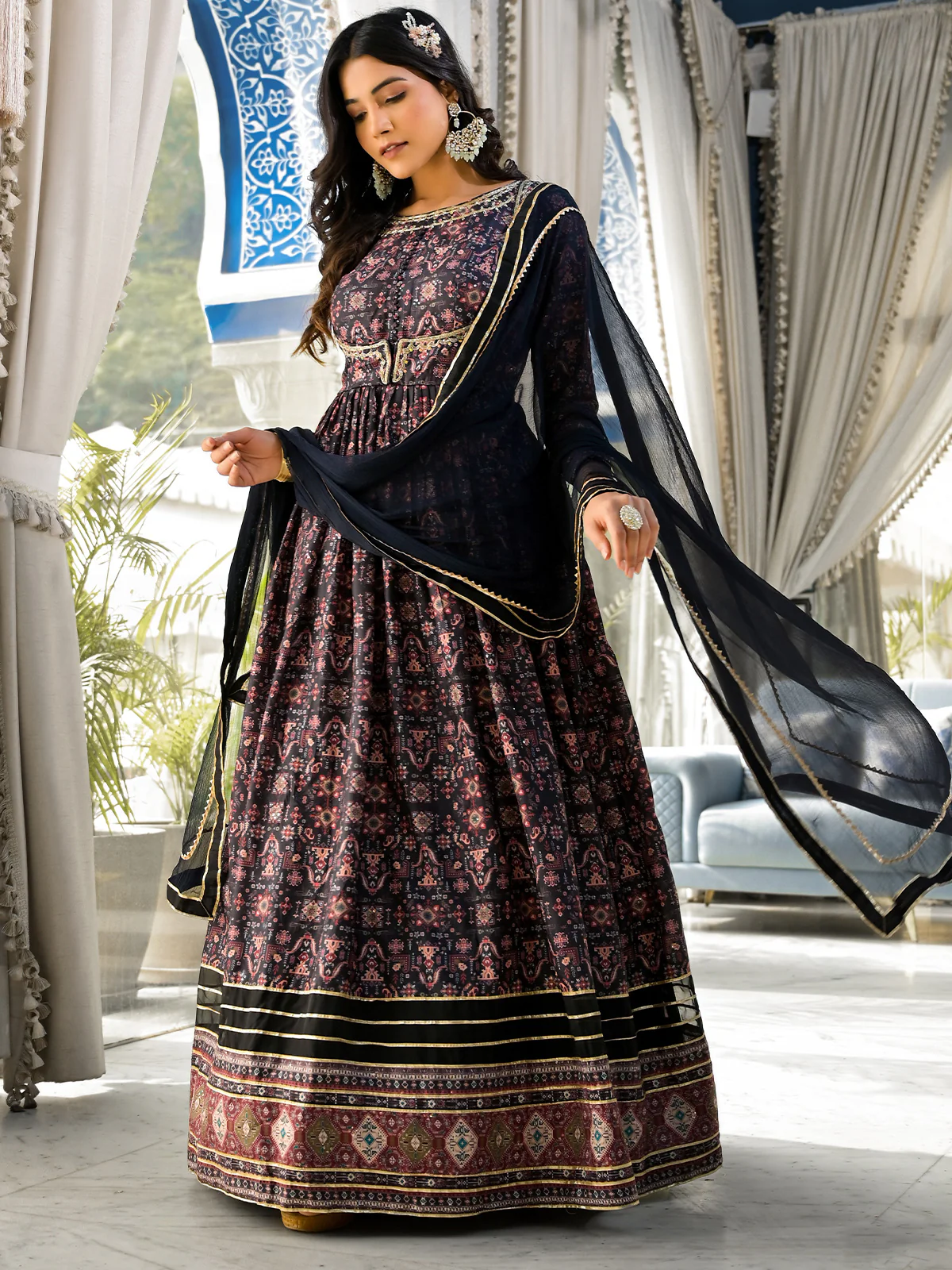 Odette Black Printed Dola Silk Gown with Dupatta For Women - Image 2