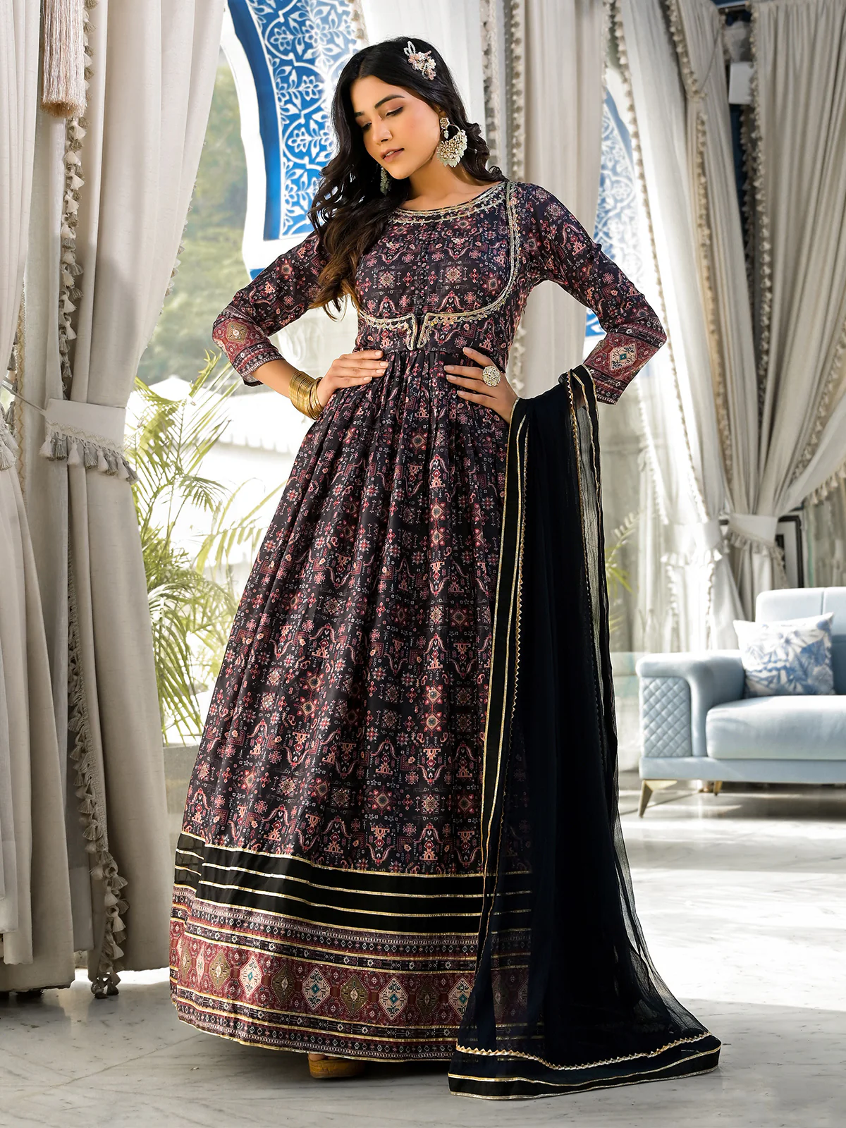 Odette Black Printed Dola Silk Gown with Dupatta For Women - Image 3
