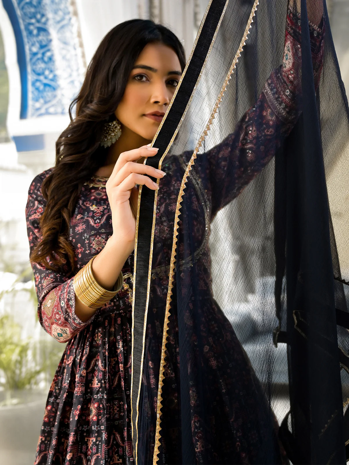Odette Black Printed Dola Silk Gown with Dupatta For Women - Image 4