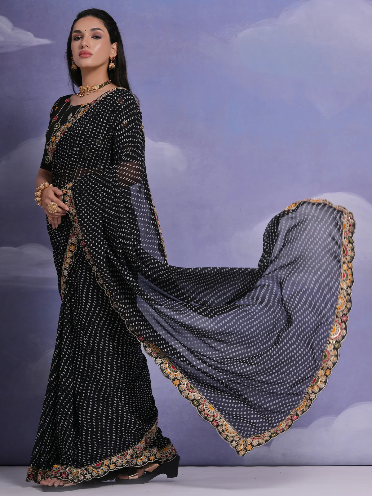 Odette Black Printed Georgette Saree With Unstitched Blouse For Women - Image 2