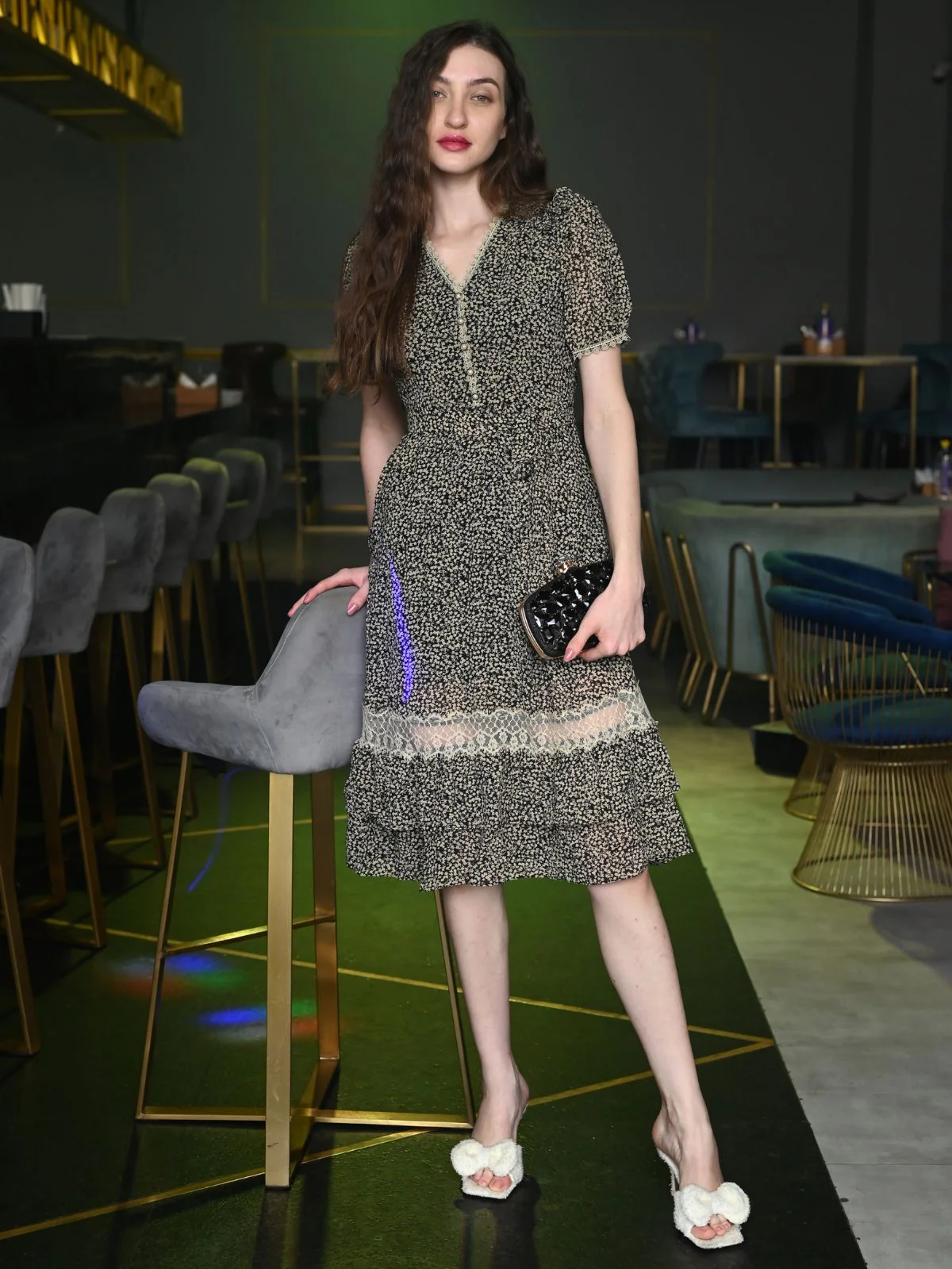Odette Black Printed Georgette Stitched Dress for Women - Image 2